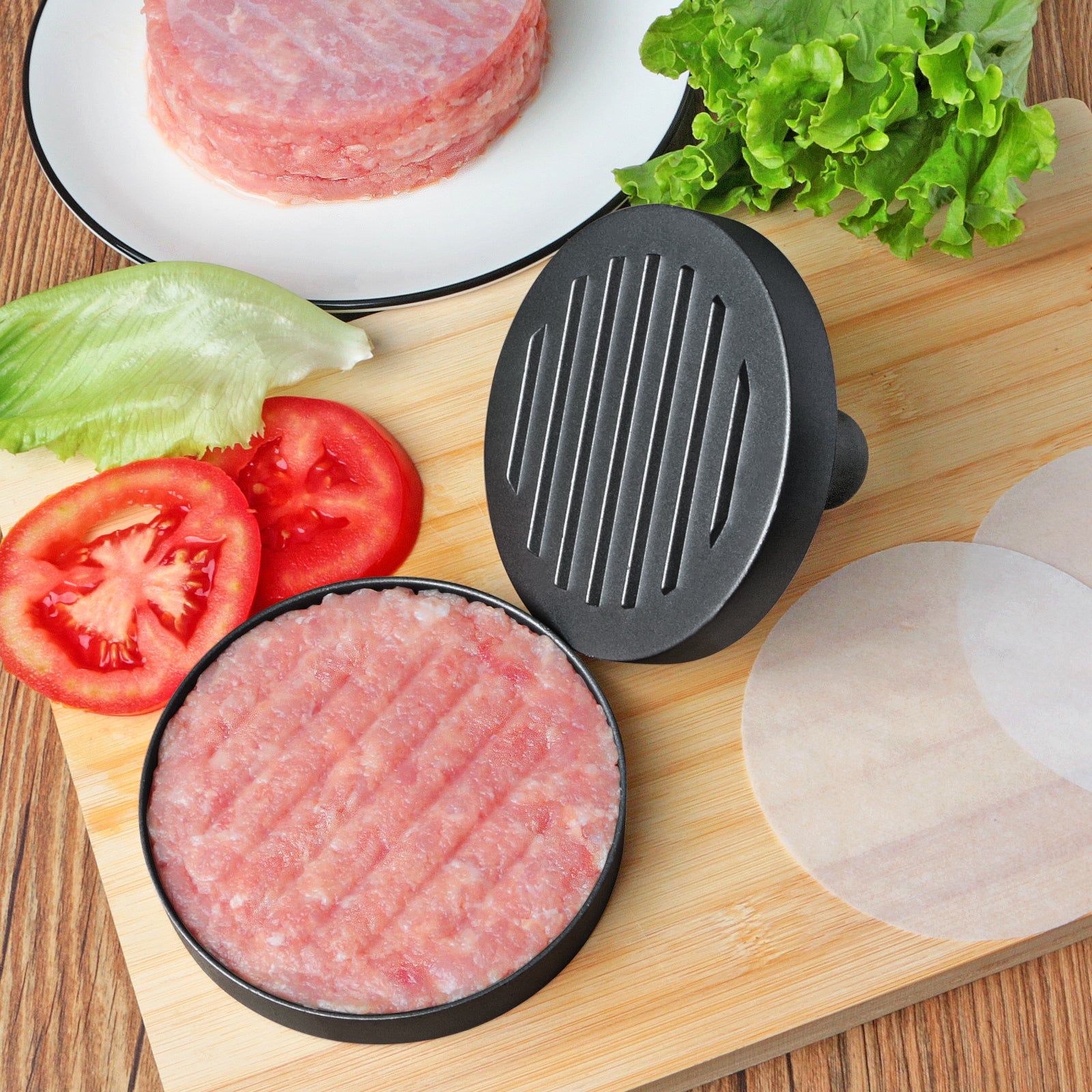 Burger press with comfortable plastic handle - non stick Pie Maker, stainless steel Hamburger Press for barbecue